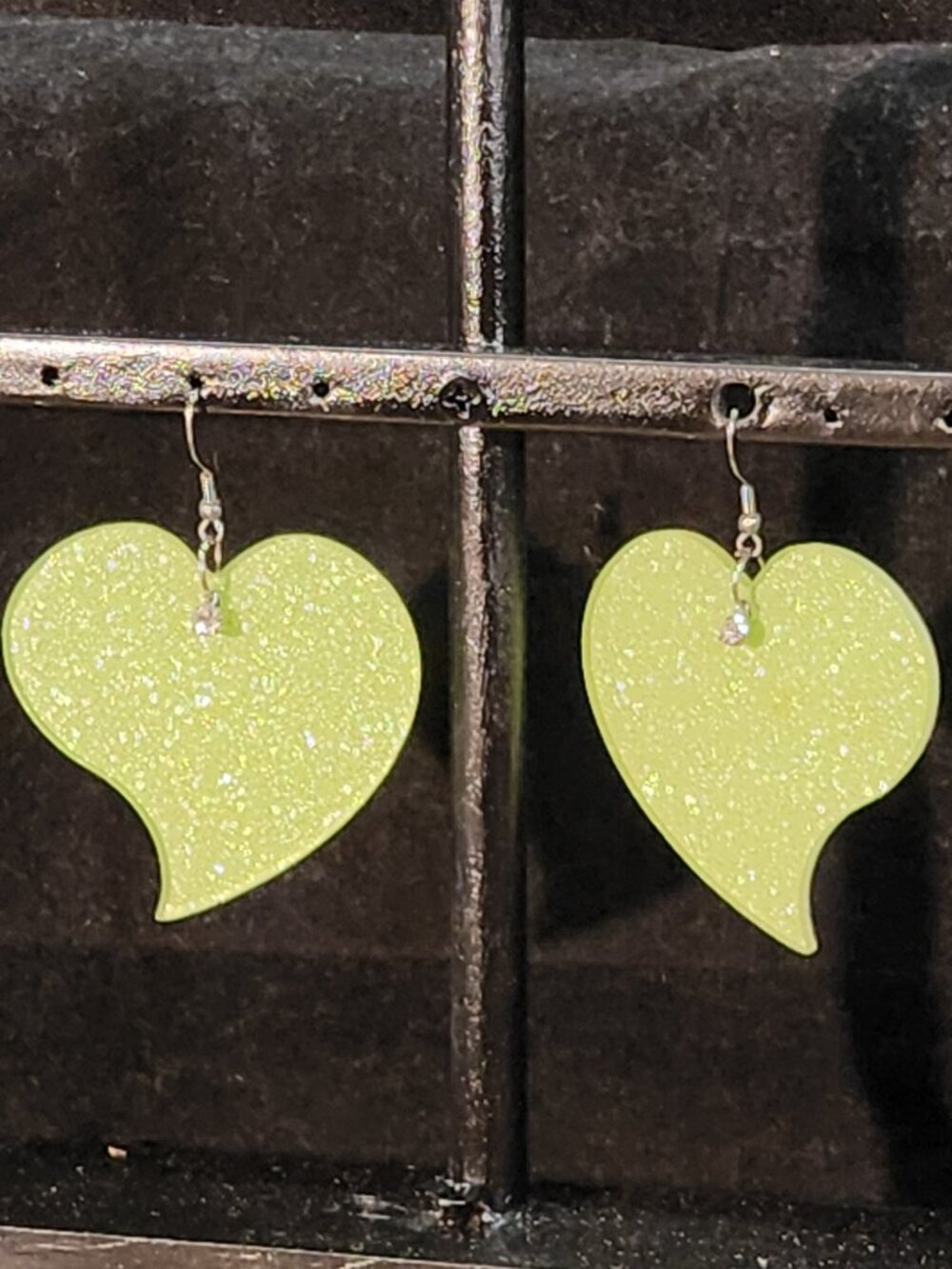 Lime Green Glitter Heart Statement Dangle Earrings